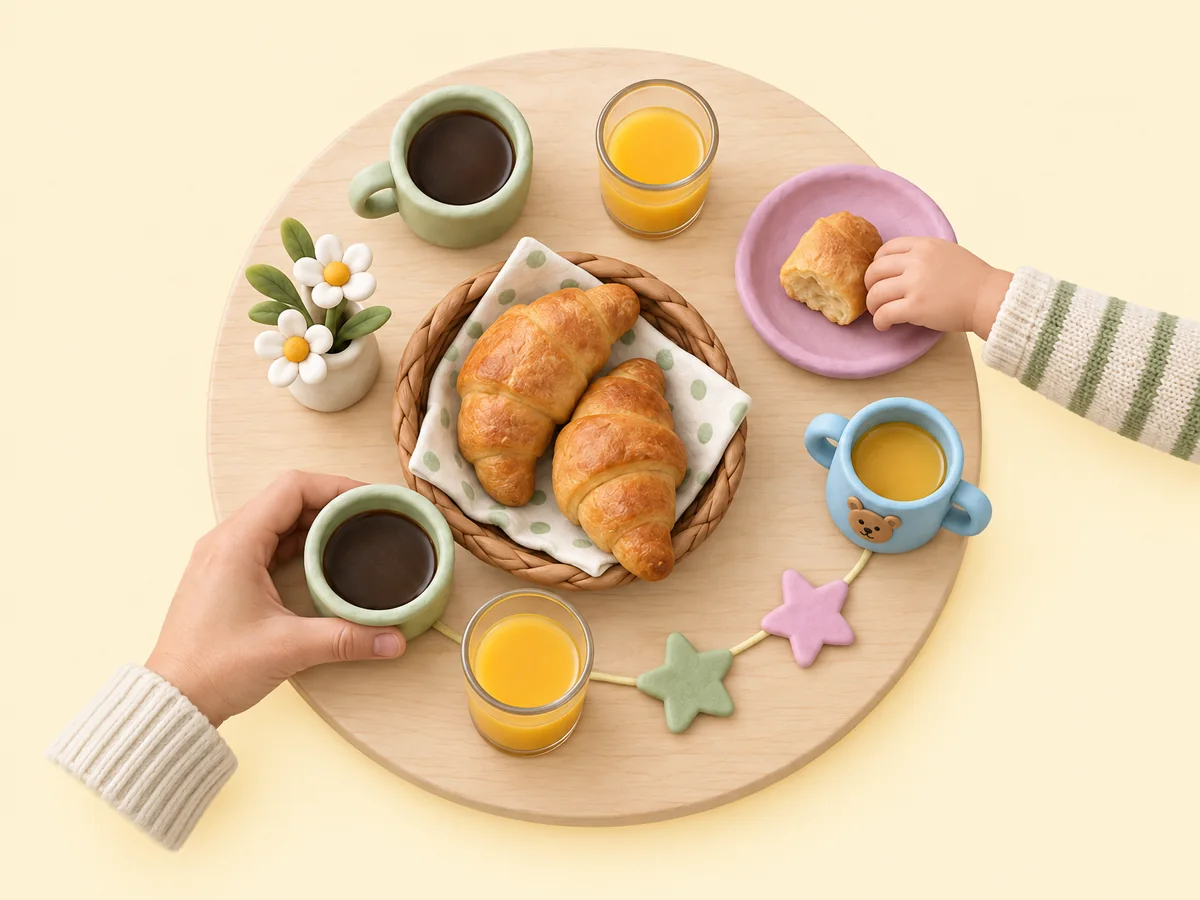 Petit-déjeuner partagé à la crèche : croissants, jus d’orange, la main d’un parent et celle d’un enfant, en pâte à modeler