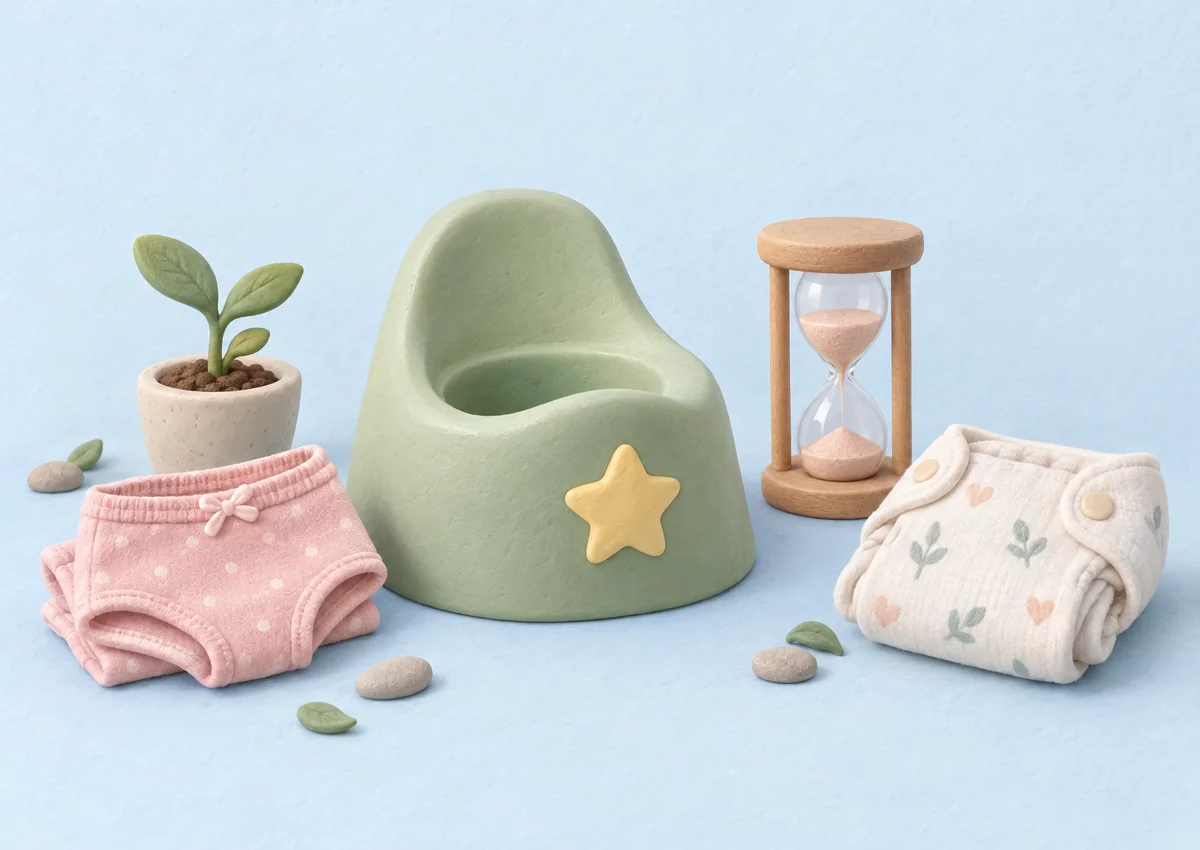 Illustration en pâte à modeler : un petit pot, une culotte, une couche lavable et un sablier