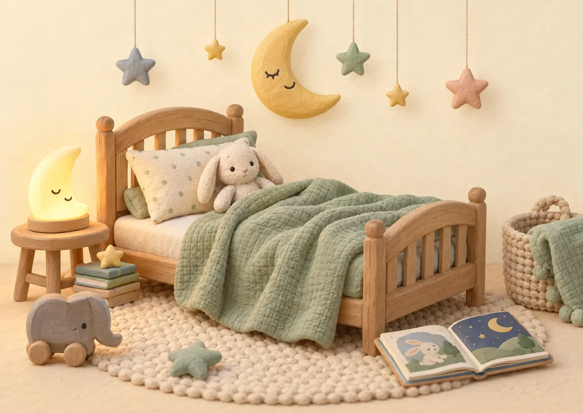 Illustration en pâte à modeler : un petit lit avec un lapin en peluche, une veilleuse lune et des étoiles suspendues