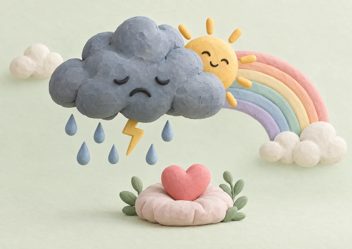 Illustration en pâte à modeler : un nuage d’orage laisse place au soleil et à un arc-en-ciel, au-dessus d’un petit cœur